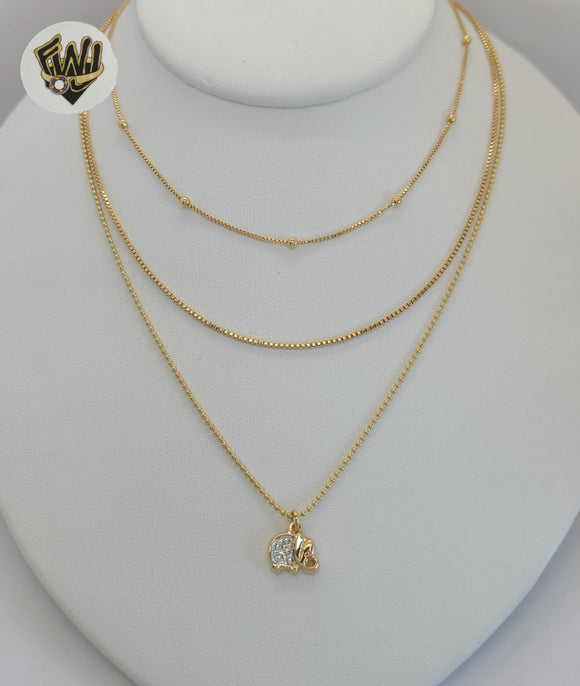 (1-6332) Gold Laminate - Charms Layering Elephants Necklace - BGF
