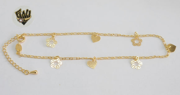 (1-0156) Gold Laminate - 2mm Figaro Link Anklet with Charms - 10