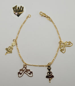 (1-0921) Gold Laminate - 2mm Figaro Link w/ Charms Bracelet - 6.5" - BGO - Fantasy World Jewelry