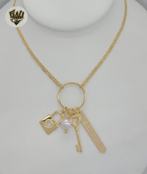 (1-6148) Gold Laminate - Marine Link Charms Necklace - BGF - Fantasy World Jewelry