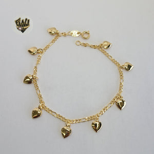 (1-0485) Gold Laminate - 2mm Figaro Link Bracelet w/ Hearts - 7.5" - BGF - Fantasy World Jewelry