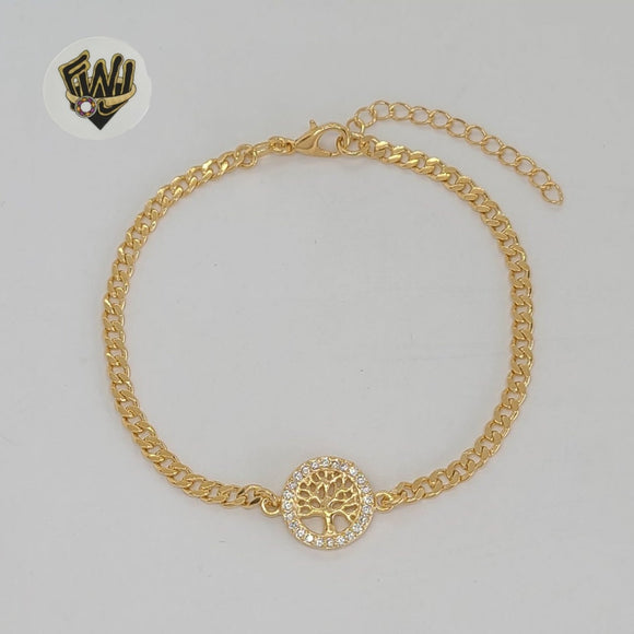 (1-0508) Gold Laminate - 3mm Curb Link Tree of Life Bracelet - 7