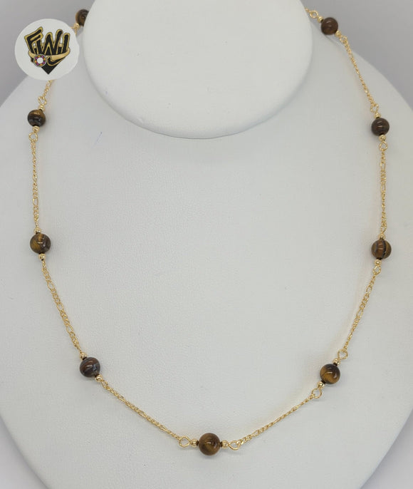 (1-3902-G) Gold Laminate - 6.5mm Tiger Eye Beads Necklace - BGF