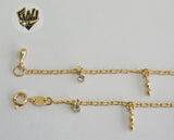 (1-0182) Gold Laminate - 2mm Figaro Anklet with Charms - 10" - BGF - Fantasy World Jewelry
