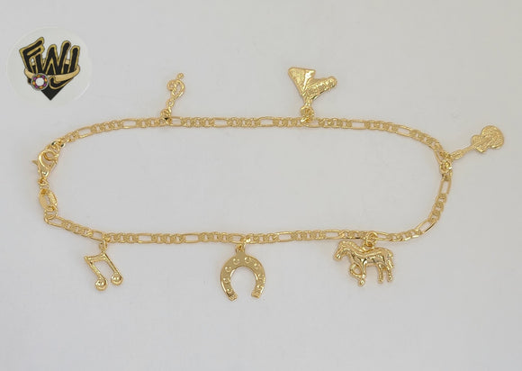 (1-0191) Gold Laminate - 2.5mm Figaro Link Farm Charms Anklet - 9.5