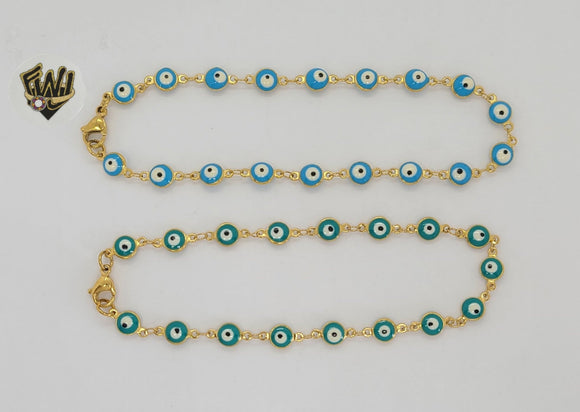 (1-0137) Gold Laminate - 6mm Evil Eye Link Anklet - 9