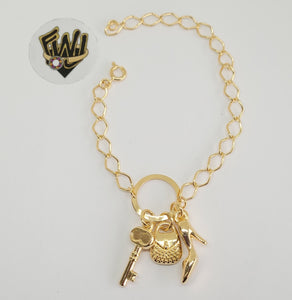 (1-0904) Gold Laminate - 5.5mm Open Link w/ Charms Bracelet - 7" - BGO - Fantasy World Jewelry