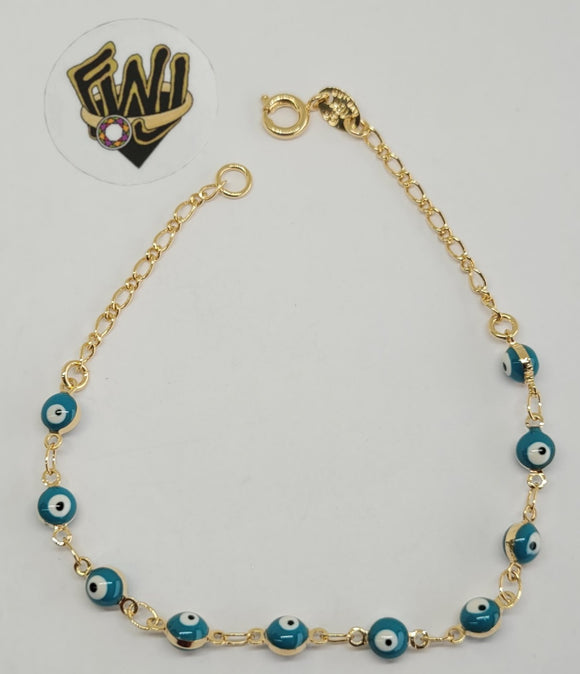 (1-0670-1) Gold Laminate Bracelet - 2mm Evil Eye Link Bracelet - 7.5'' - BGF - Fantasy World Jewelry