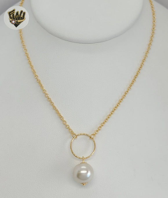 (1-6148) Gold Laminate - Rolo Link Pearl Necklace - BGF - Fantasy World Jewelry