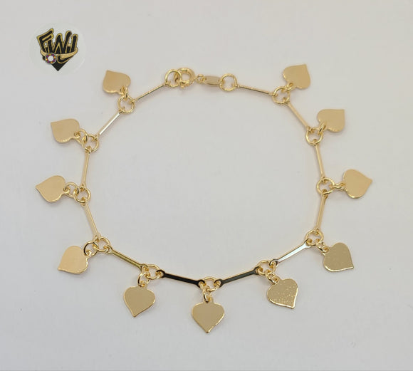 (1-0480) Gold Laminate Bracelet -3mmLink Bracelet w/ Heart Charms - 7