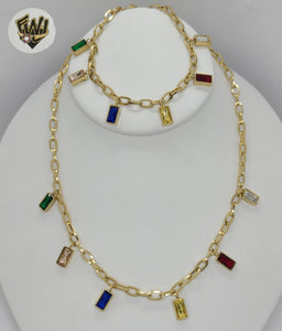 (4-7016) Stainless Steel - 3mm Multicolor Stones Paper Clip Link Set - 16"