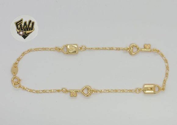 (1-0179) Gold Laminate - 2mm Figaro Link Keys Anklet - BGF - Fantasy World Jewelry
