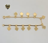 (1-0480) Gold Laminate Bracelet -3mmLink Bracelet w/ Heart Charms - 7" - BGF - Fantasy World Jewelry