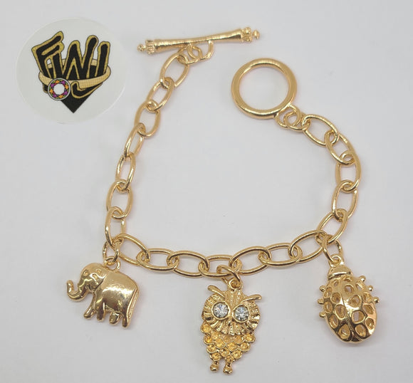 (1-0561) Gold Laminate Bracelet-7.5mm Link Bracelet w/Charms -8''-BGO - Fantasy World Jewelry