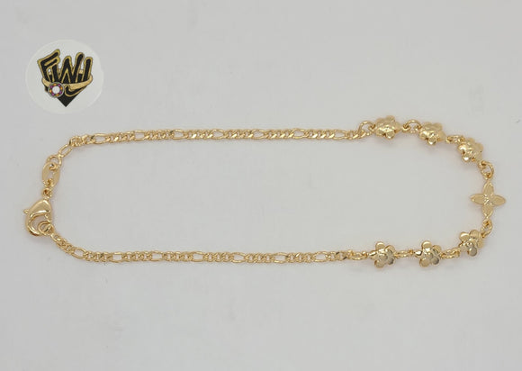 (1-0206) Laminado de oro - Tobillera con flor de eslabones Figaro de 2,5 mm - 10