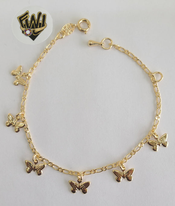 (1-0598) Gold Laminate Bracelet-2mm Figaro Link Bracelet w/Charms -BGF - Fantasy World Jewelry