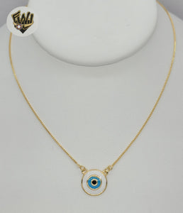(1-6305) Gold Laminate - Box Link Evil Eye Necklace - 18" - BGF - Fantasy World Jewelry