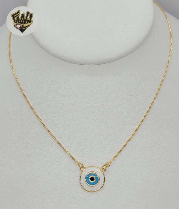 (1-6305) Gold Laminate - Box Link Evil Eye Necklace - 18