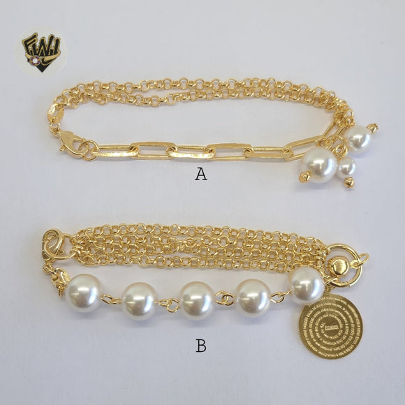 (MBRA-12) Gold Laminate - Pearl and Charms Bracelet - BGF - Fantasy World Jewelry