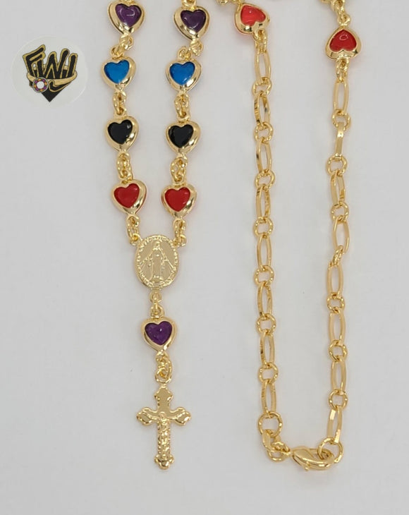 (1-3335) Gold Laminate - 6.5mm Miraculous Virgin Multicolor Rosary Necklace - 18