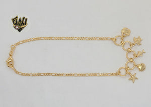 (1-0205) Gold Laminate - 2.5mm Figaro Link Beach Charms Anklet - 10” - BGF