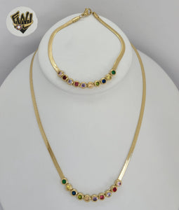 (4-7050) Stainless Steel - 3mm Multicolor Stones Herringbone Link Set - 16"