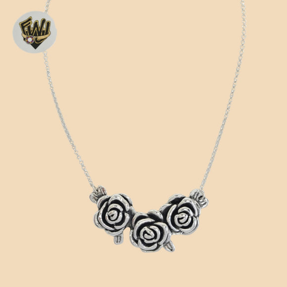 (2-66030) 925 Sterling Silver - 2mm Rolo Link Flower Necklace.