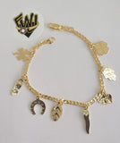 (1-0614) Gold Laminate Bracelet- 3mm Link Bracelet w/Charms -7''-BGF - Fantasy World Jewelry