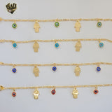 (1-0666) Gold Laminate - 2mm Hamsa Hand & Evil Eye Bracelet - 7" - BGF - Fantasy World Jewelry