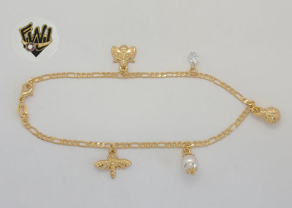 (1-0208) Gold Laminate - 3mm Figaro Link Charms Anklet - 10” - BGF