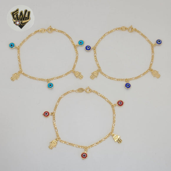 (1-0677) Laminado de oro - Pulsera con dijes de eslabones Figaro de 2,5 mm - 7,5