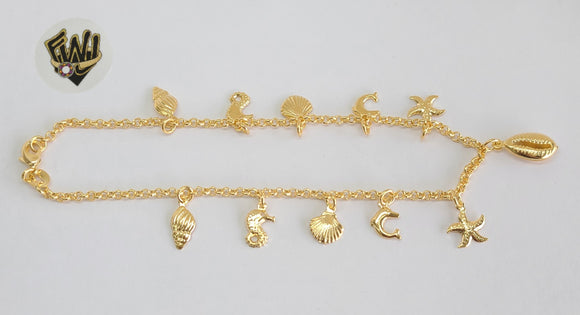 (1-0186) Gold Laminate - 2.5mm Rolo Link Anklet with Charms - 10