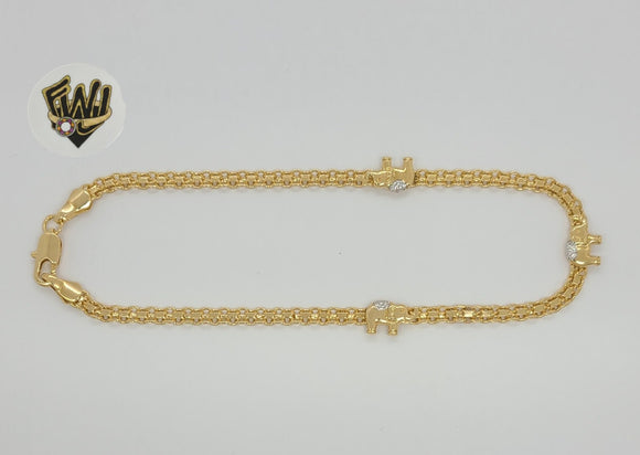 (1-0250) Laminado de oro - Tobillera con elefantes con enlace Bismark de 3,5 mm - 10