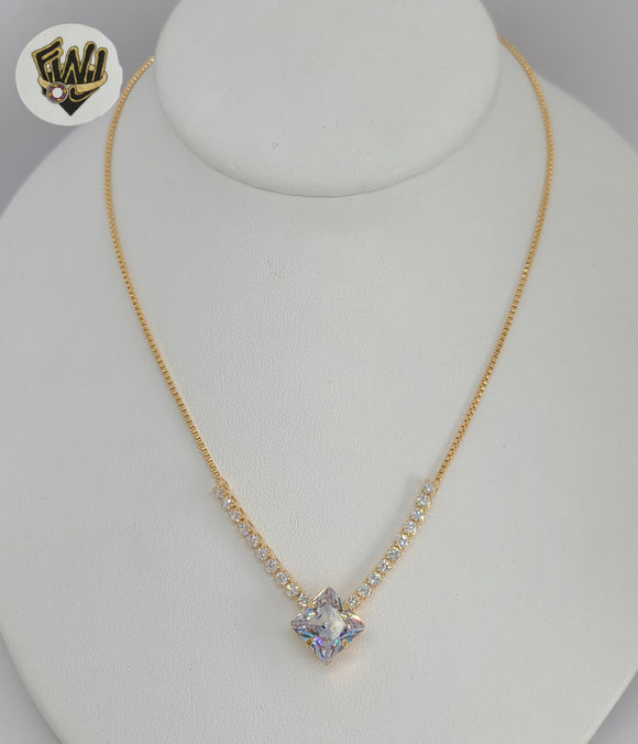 (1-6395) Gold Laminate - Box Link Zircon Square Necklace - 16