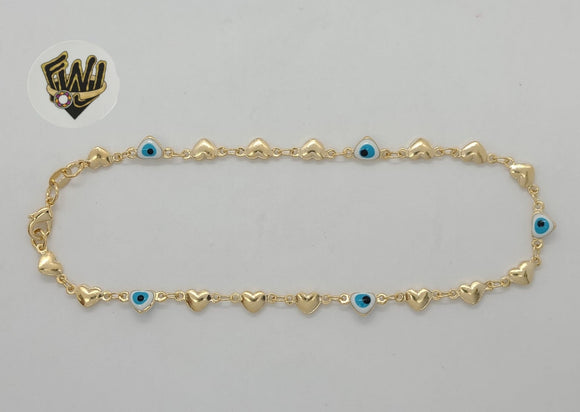 (1-0133) Gold Laminate - 4.5mm Evil Eyes Heart Link Anklet - 10” - BGF