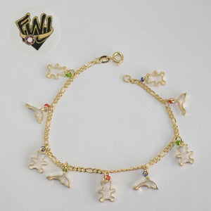 (1-0586) Gold Laminate Bracelet- 2.5mm Figaro Link Bracelet w/Charms-7''-BGO - Fantasy World Jewelry