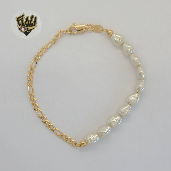 (1-0756) Gold Laminate - 3mm Figaro Pearls Bracelet - BGF