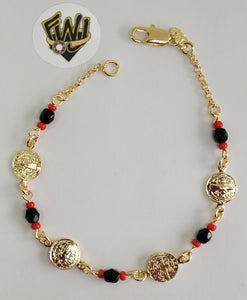 (1-0686) Gold Laminate Bracelet- Medals Azabache Bracelet-7.5"-BGF - Fantasy World Jewelry