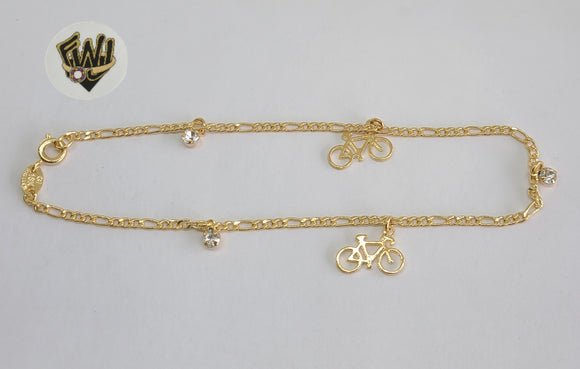 (1-0173) Gold Laminate - 2mm Figaro Anklet with Charms - 10