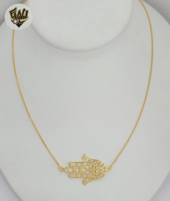 (1-6309-1) Gold Laminate - Box Link Hamsa Hand Necklace - 18