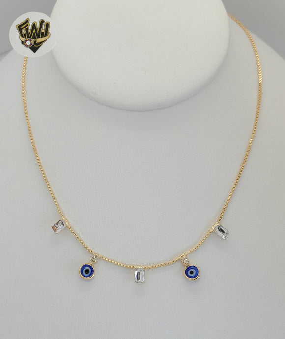 (1-6203-1) Gold Laminate - Box Link Evil Eye Necklace - BGF