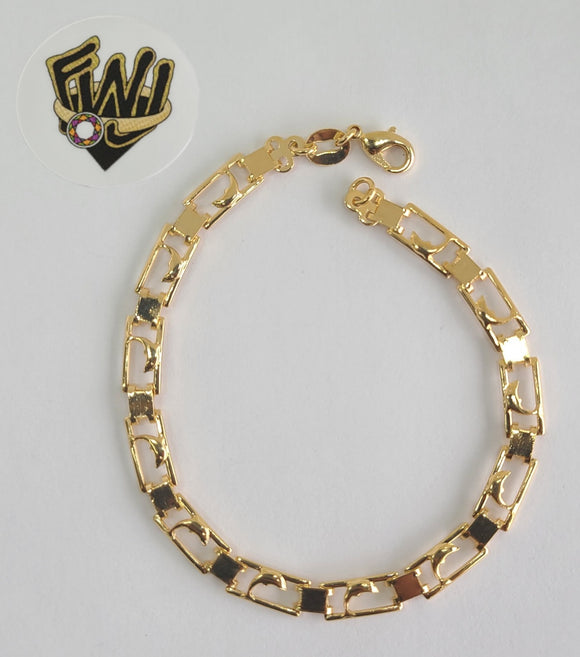 (1-0574) Gold Laminate Bracelet- 5mm Square Style Bracelet w/Dolphins -7''-BGO - Fantasy World Jewelry