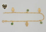 (1-0136-1) Laminado de oro - Tobillera con manos de Hamsa y mal de ojo de 2 mm - 10" - BGF