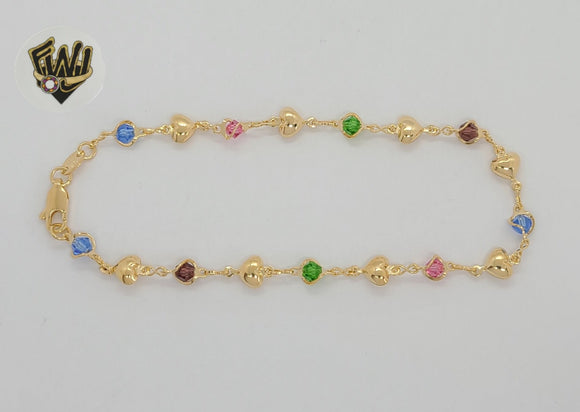 (1-0133-1) Gold Laminate - 6mm Multicolor Hearts Anklet - 9.5