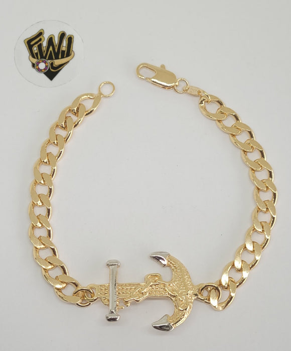 (1-60060) Gold Laminate -7mm Curb Link Men Bracelet w/Anchor- 8