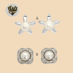 (2-3452) 925 Sterling Silver - Flower Pearl Stud Earrings - Fantasy World Jewelry