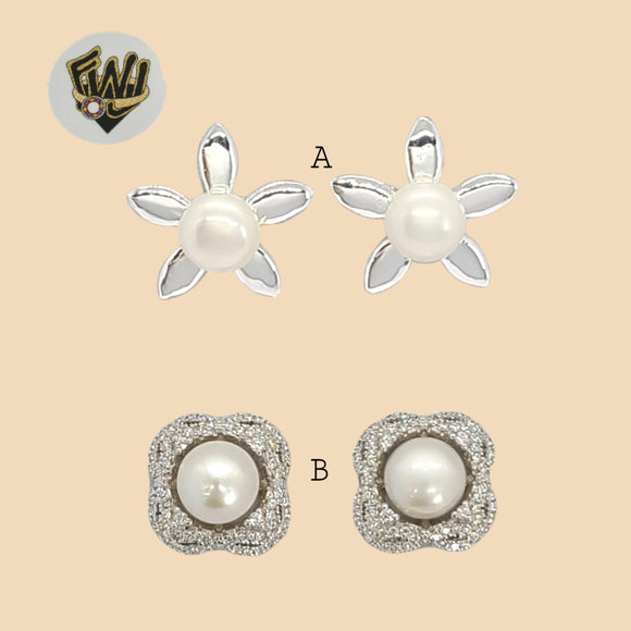 (2-3452) 925 Sterling Silver - Flower Pearl Stud Earrings - Fantasy World Jewelry