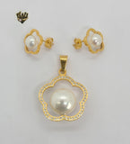 (4-9061) Stainless Steel - Flower Pearl Set. - Fantasy World Jewelry