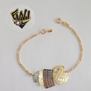 (1-0605) Gold Laminate Bracelet-2.5mm Figaro Link Bracelet w/Owl-7.5''-BGF - Fantasy World Jewelry