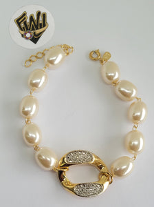 (1-0748) Gold Laminate -Alternative Link Bracelet w/ Pearls 7.5" -BGF - Fantasy World Jewelry